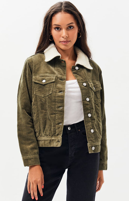 Women's Wild Fable Olive Green Corduroy Fuzzy Collar Cropped Jacket