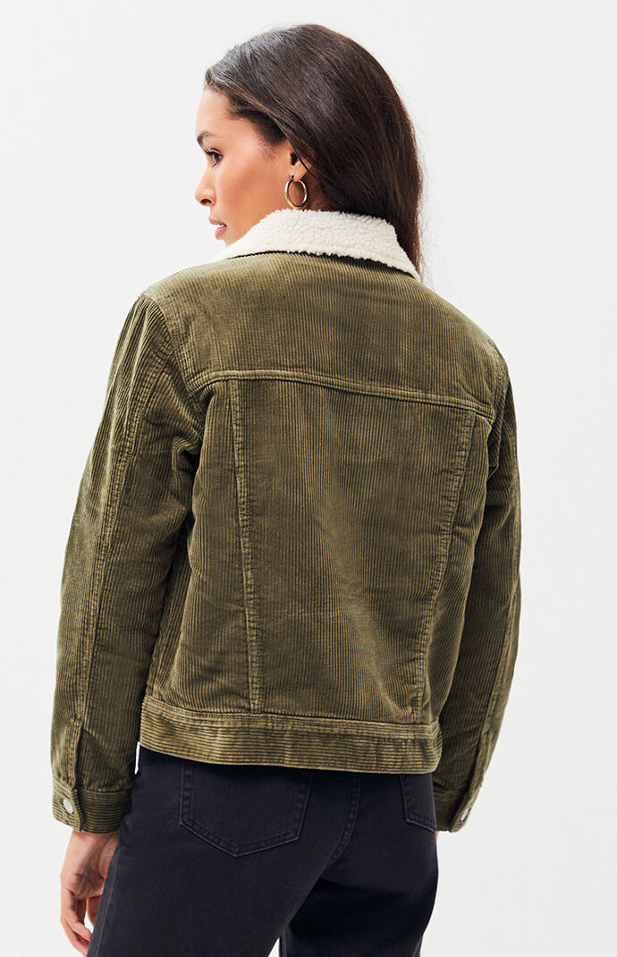 Women's Wild Fable Olive Green Corduroy Fuzzy Collar Cropped Jacket
