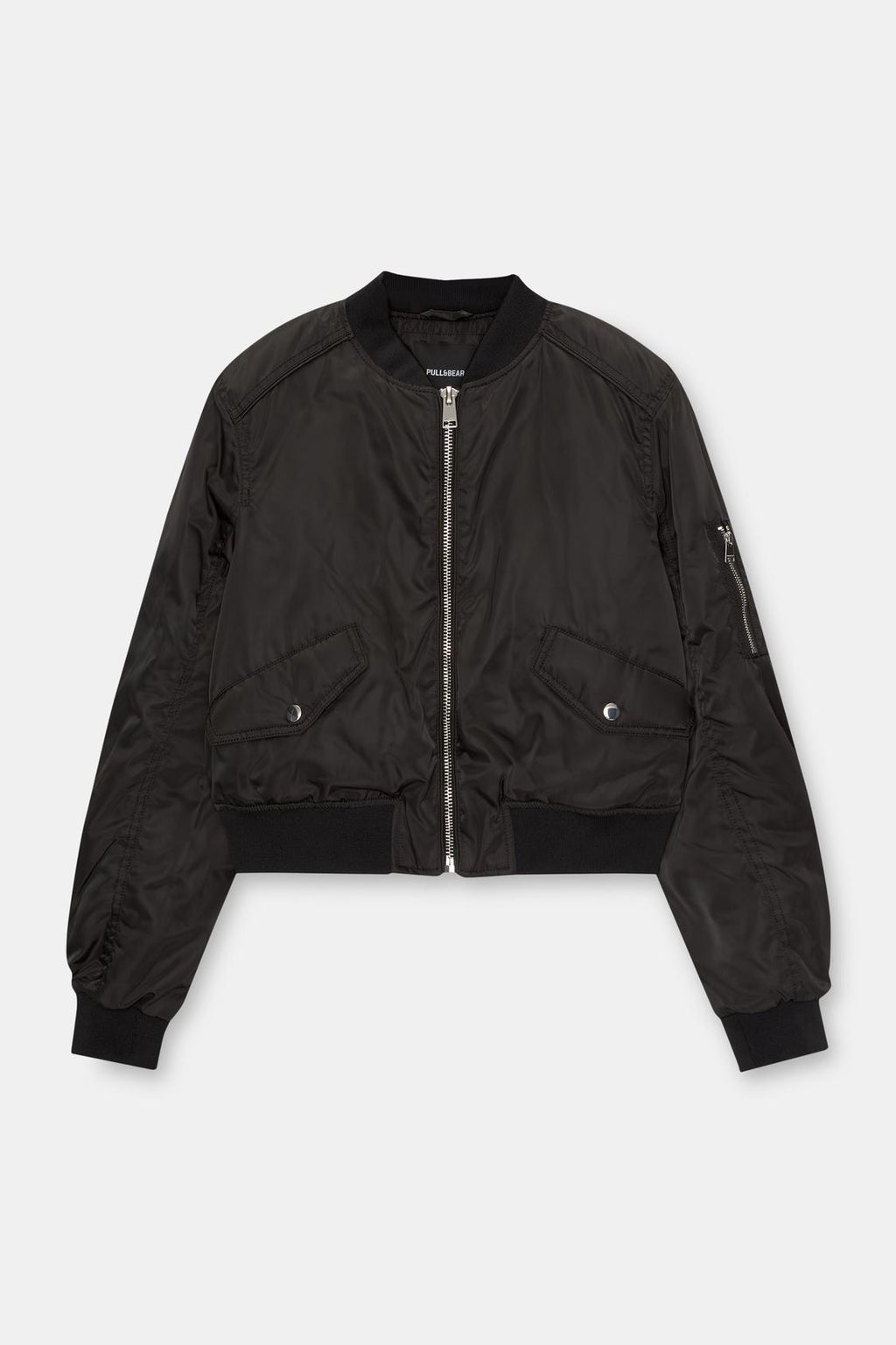 Black Pull& Bear Bomber jacket with flap pockets, ribbed trims and zip fastening (Unisex) - THE GREY AREA