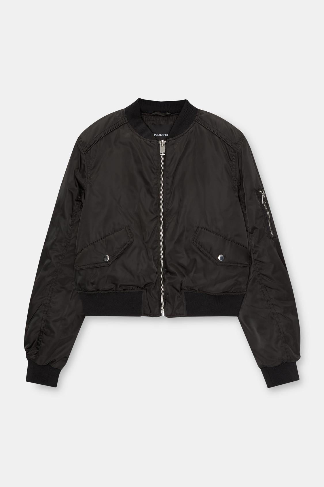 Black Pull& Bear Bomber jacket with flap pockets, ribbed trims and zip fastening (Unisex) - THE GREY AREA