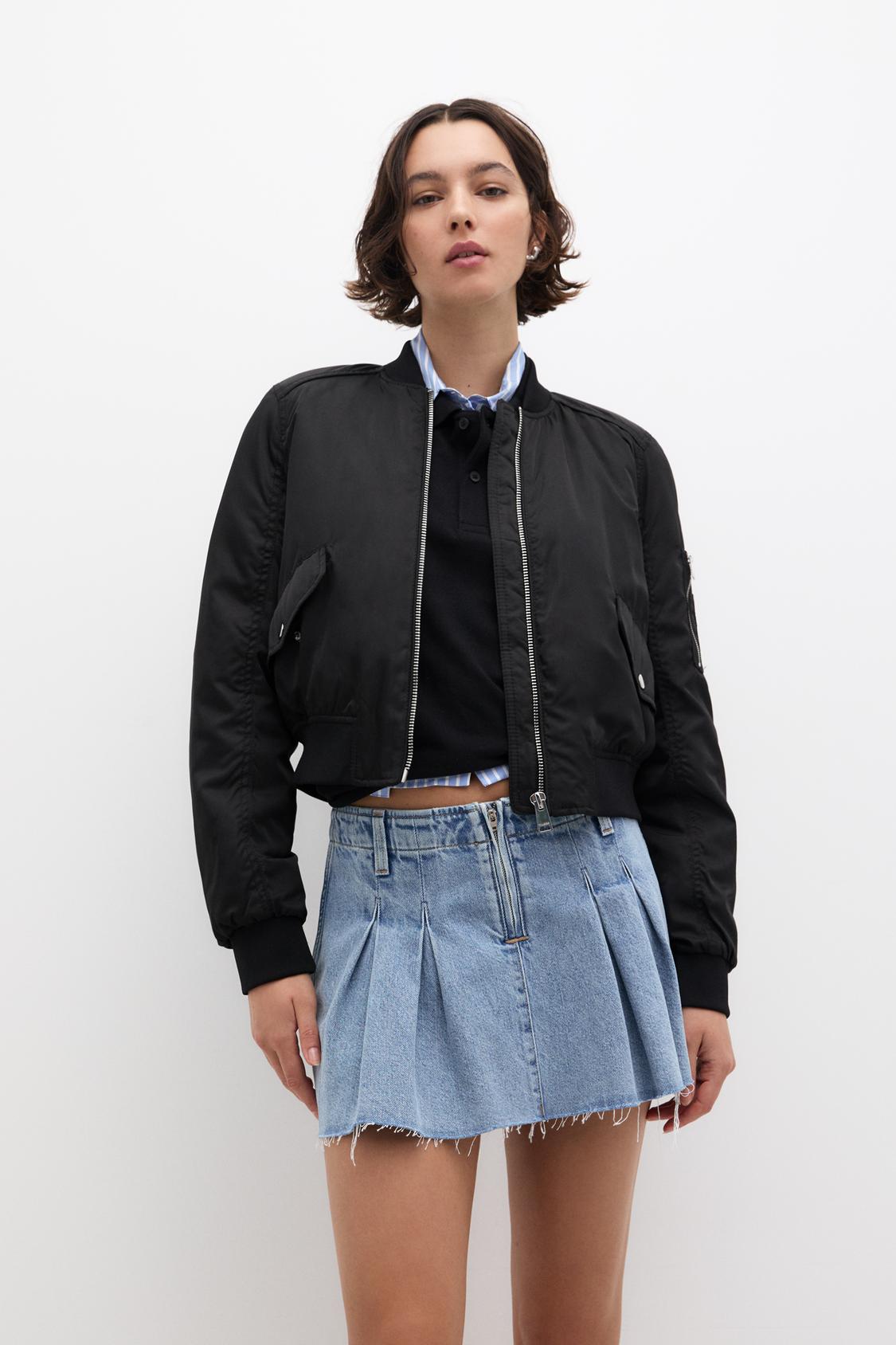 Black Pull& Bear Bomber jacket with flap pockets, ribbed trims and zip fastening (Unisex) - THE GREY AREA