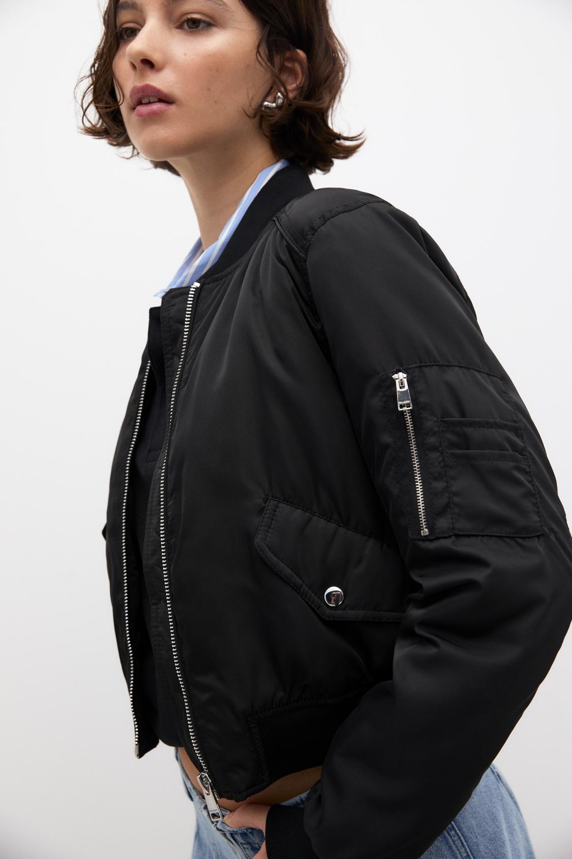 Black Pull& Bear Bomber jacket with flap pockets, ribbed trims and zip fastening (Unisex) - THE GREY AREA