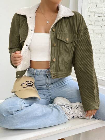 Women's Wild Fable Olive Green Corduroy Fuzzy Collar Cropped Jacket