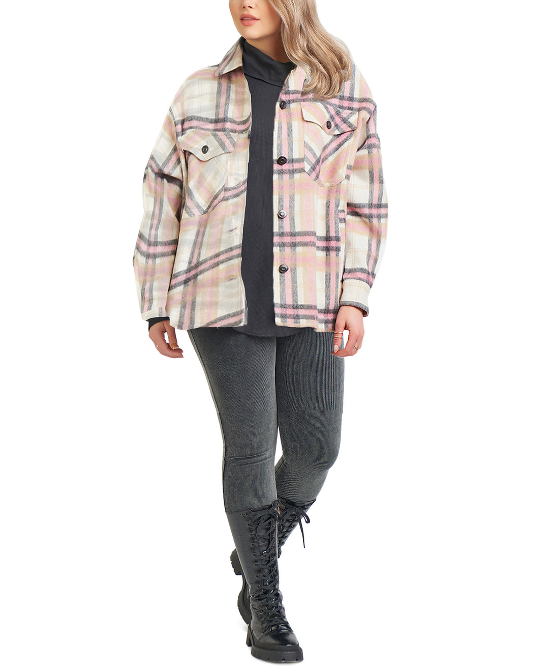 Women's Zara Pink Plaid Soft Button Up Over-sized Shacket - THE GREY AREA