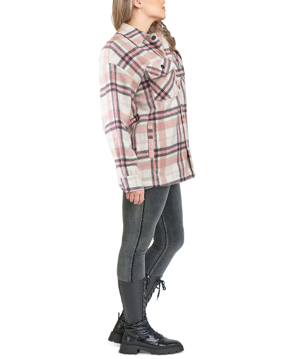 Women's Zara Pink Plaid Soft Button Up Over-sized Shacket - THE GREY AREA