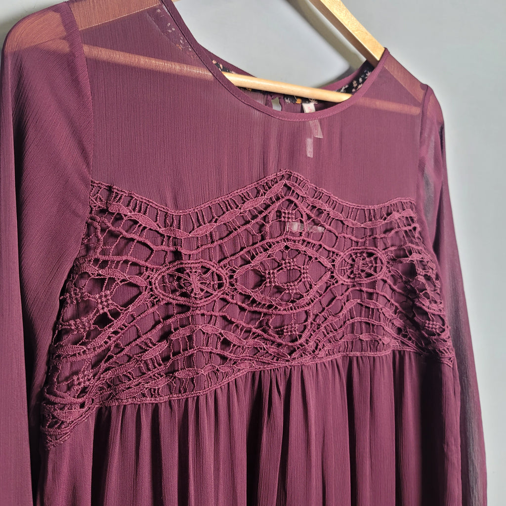 Sheer lined embroidered, flowing long sleeve dress - THE GREY AREA