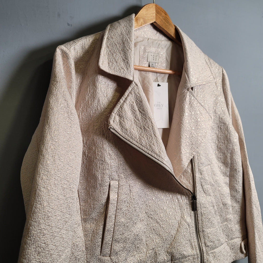 Cream & Gold  Brocade Metallic Moto Jacket Zip Up ( A New Day) - THE GREY AREA