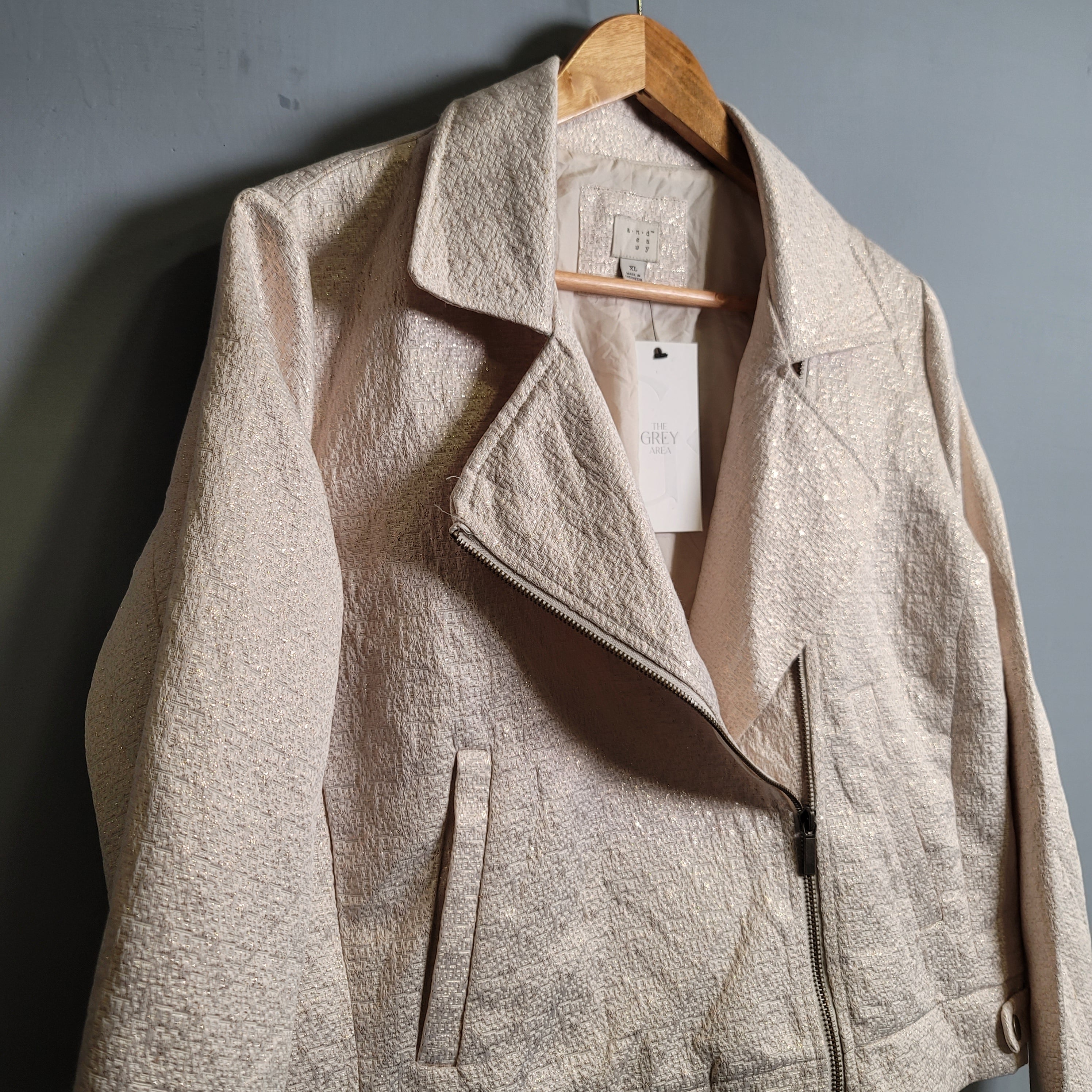 Cream & Gold  Brocade Metallic Moto Jacket Zip Up ( A New Day) - THE GREY AREA