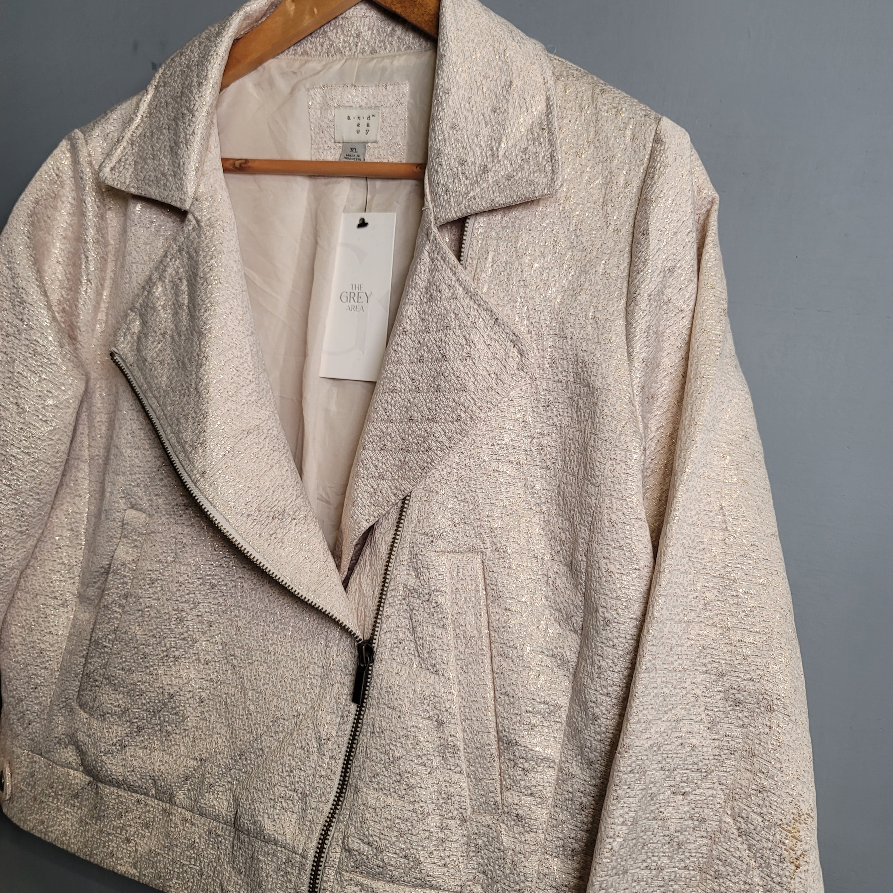 Cream & Gold  Brocade Metallic Moto Jacket Zip Up ( A New Day) - THE GREY AREA