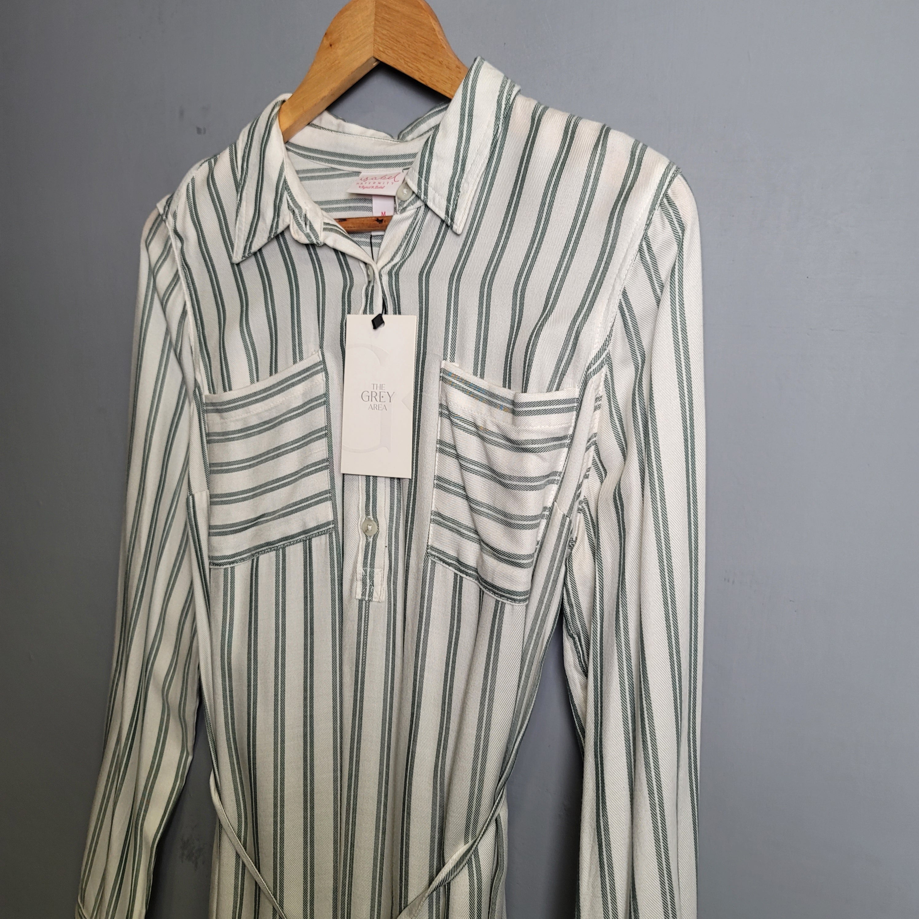 White & Green striped Button-up Maternity Shirt (Isabel Maternity) - THE GREY AREA