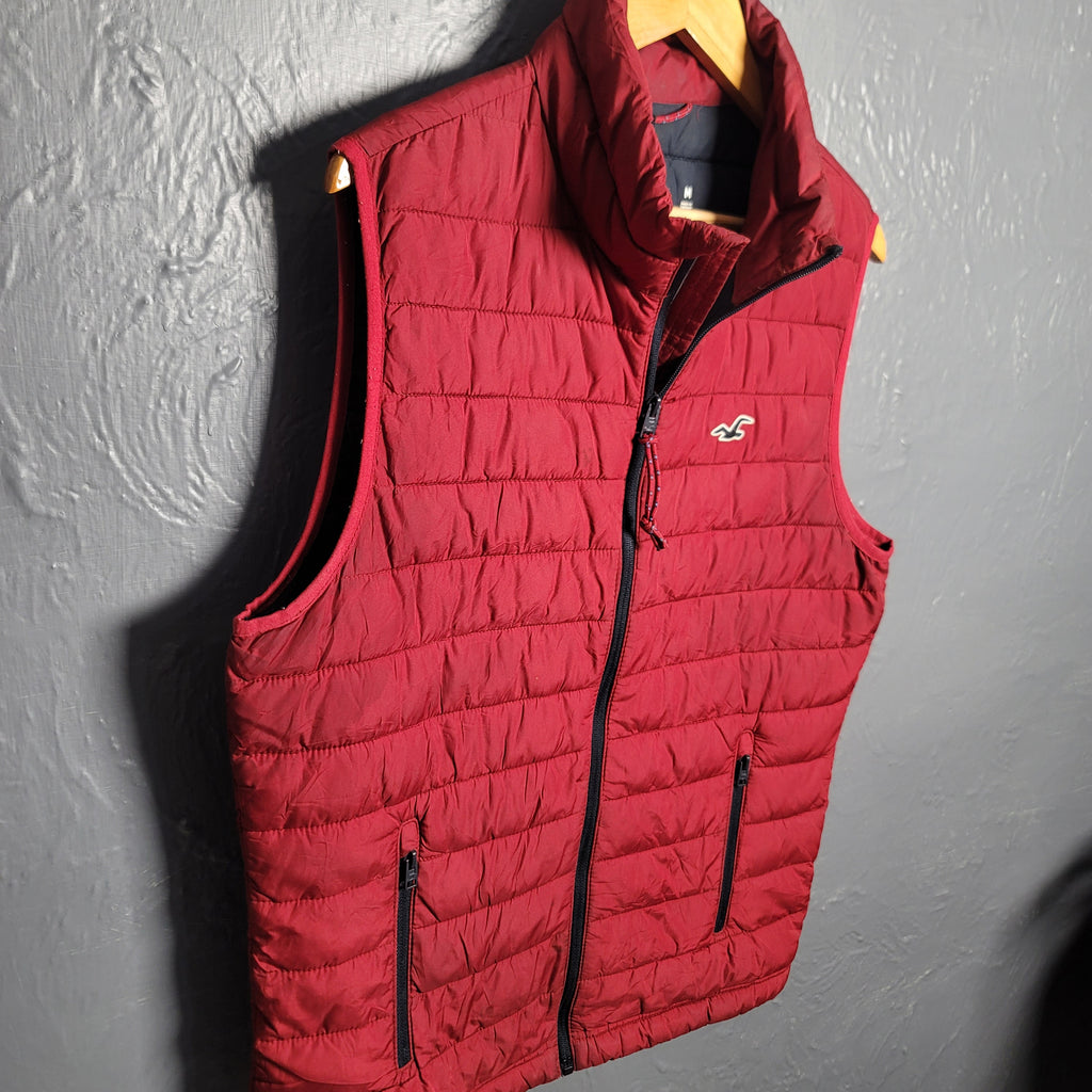 Hollister Burgundy Red Puffer Full Zip Vest Mens Zipped Pockets - THE GREY AREA