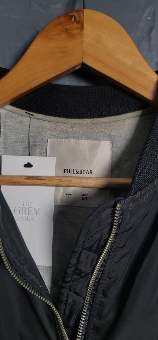 Black Pull& Bear Bomber jacket with flap pockets, ribbed trims and zip fastening (Unisex) - THE GREY AREA