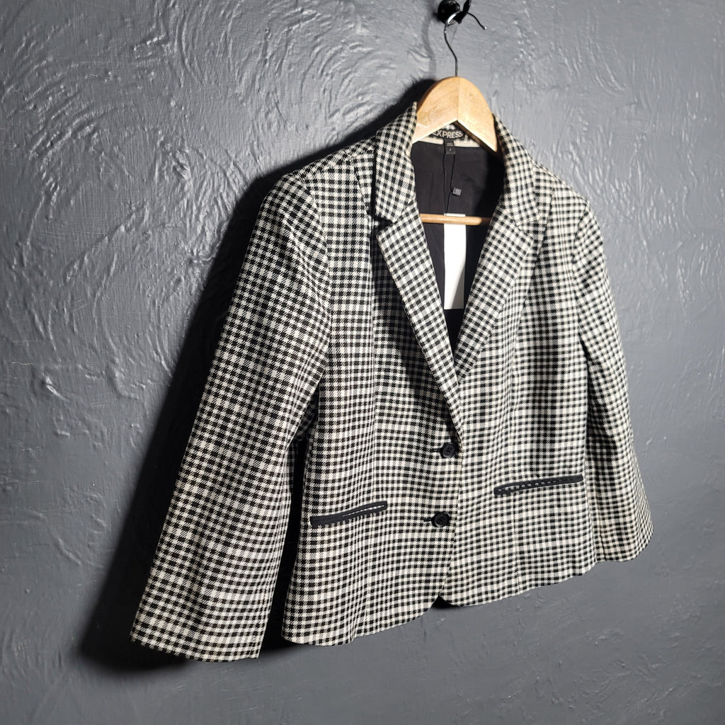 Express Black & White Plaid Cropped Blazer Jacket - THE GREY AREA