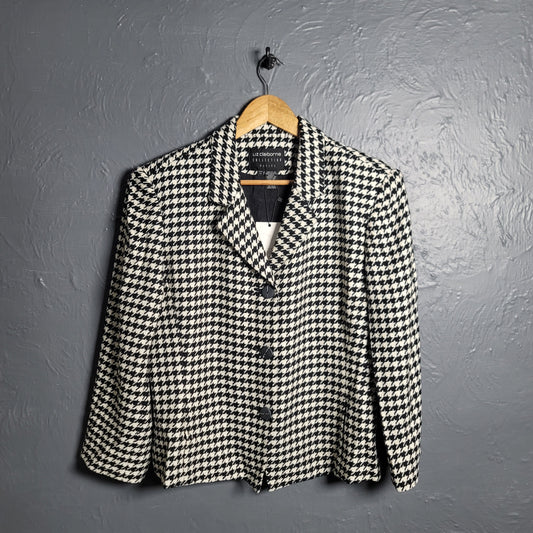 Vintage Liz Claiborne Black White Houndstooth Plaid Wool Blend Blazer - THE GREY AREA