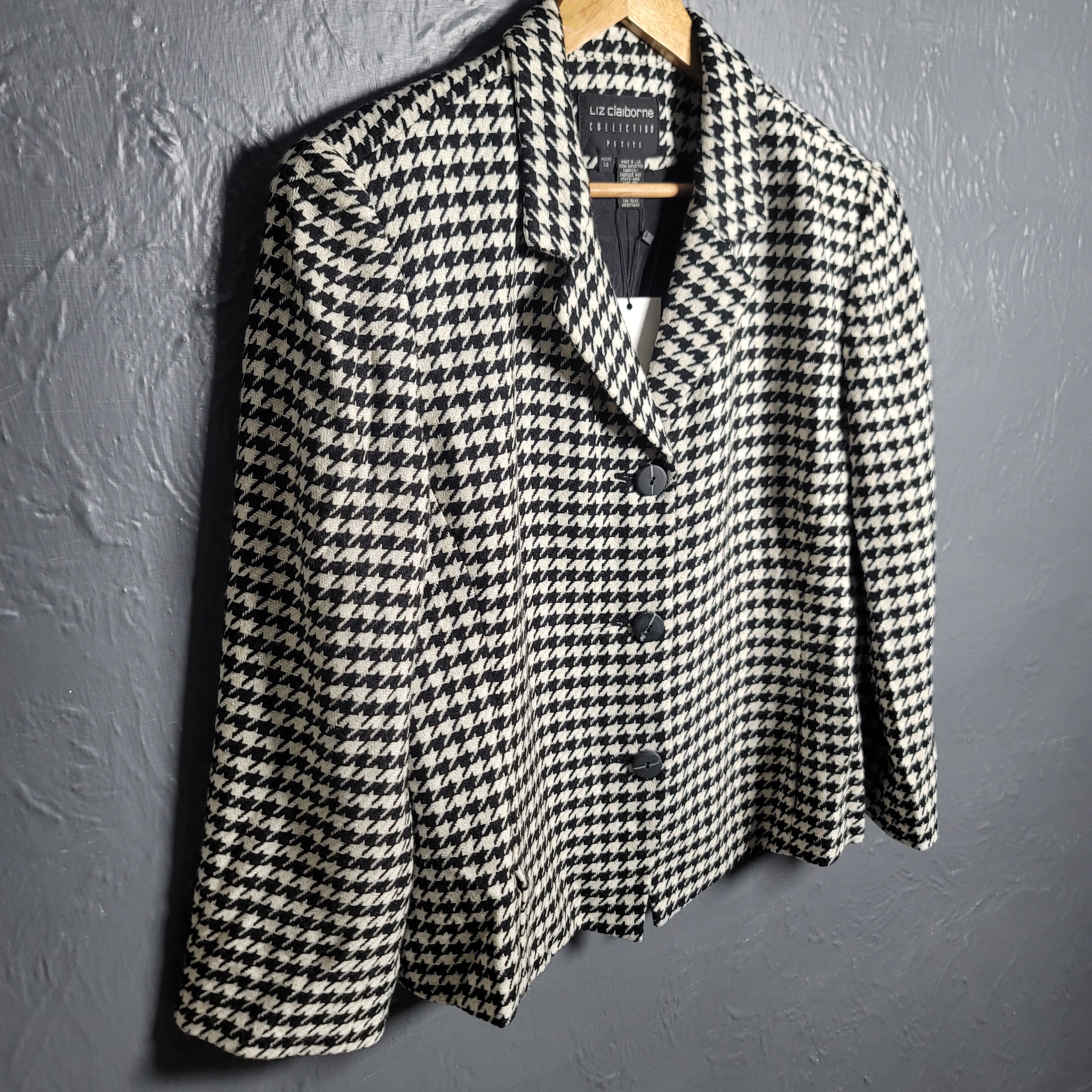 Vintage Liz Claiborne Black White Houndstooth Plaid Wool Blend Blazer - THE GREY AREA