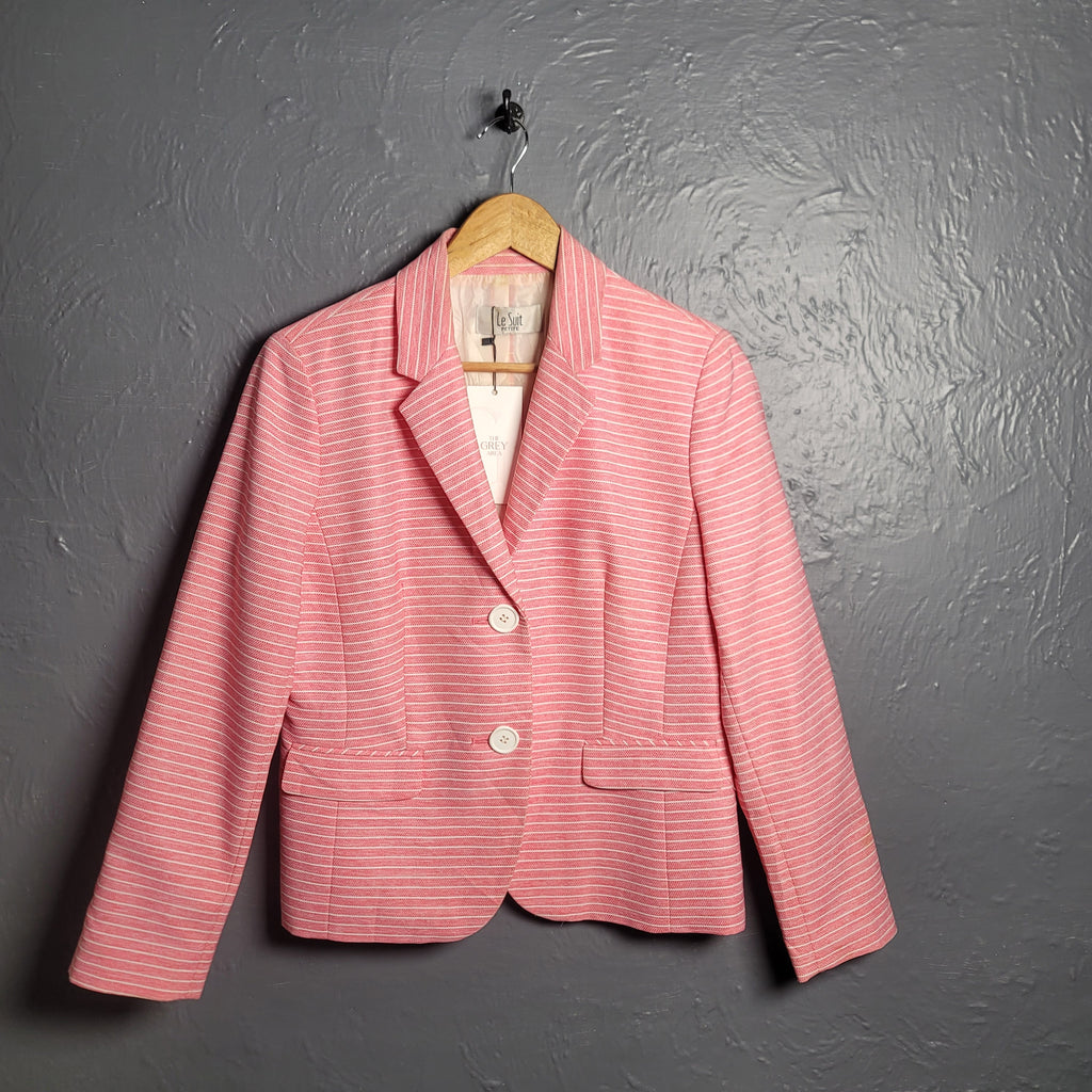 Women's Le Suit pink and white striped blazer lined with white buttons - THE GREY AREA