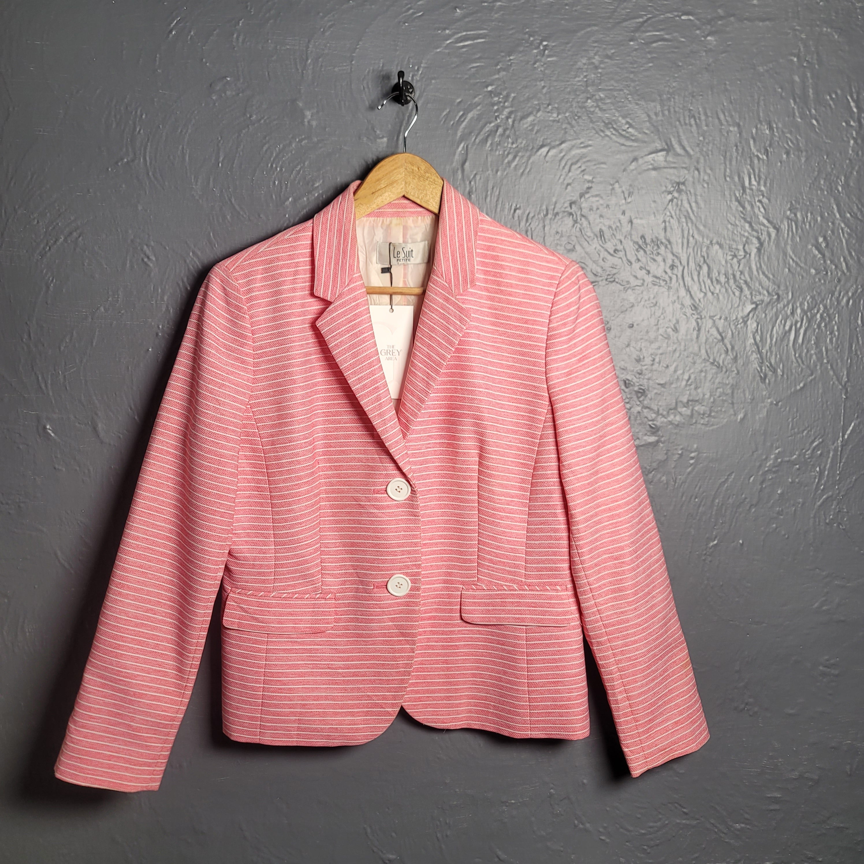 Women's Le Suit pink and white striped blazer lined with white buttons - THE GREY AREA