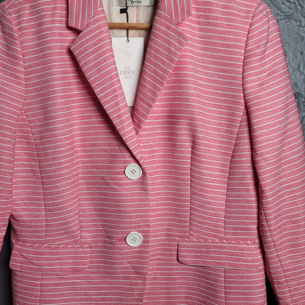 Women's Le Suit pink and white striped blazer lined with white buttons - THE GREY AREA