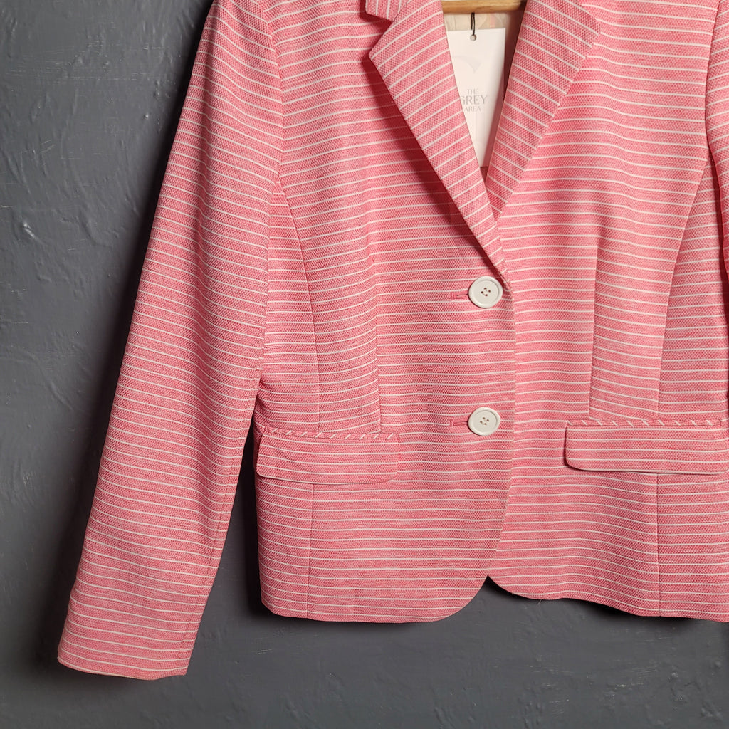Women's Le Suit pink and white striped blazer lined with white buttons - THE GREY AREA