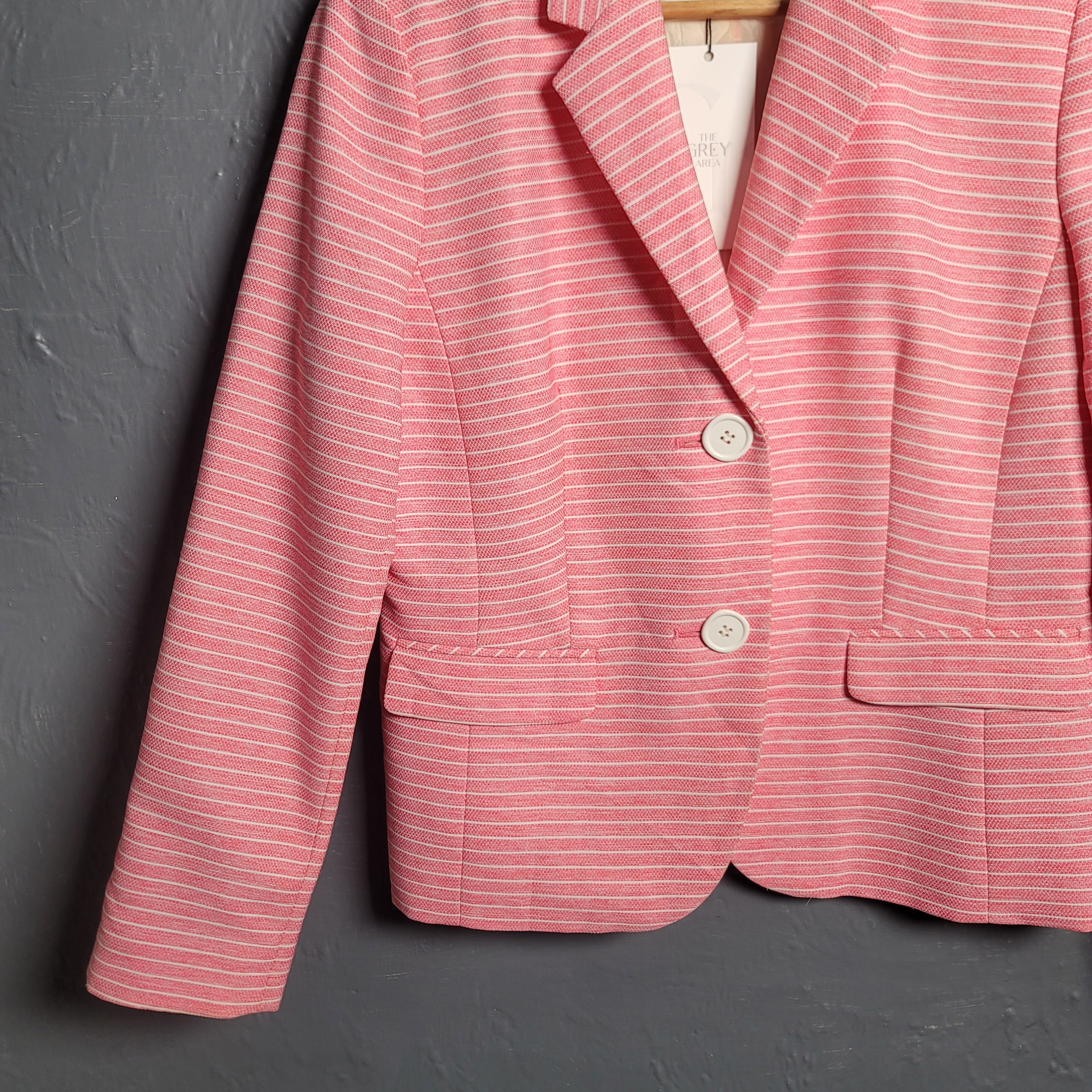 Women's Le Suit pink and white striped blazer lined with white buttons - THE GREY AREA