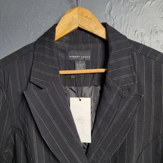 Women's Black pinstriped Robert Louis Blazer Jacket Three Button - THE GREY AREA