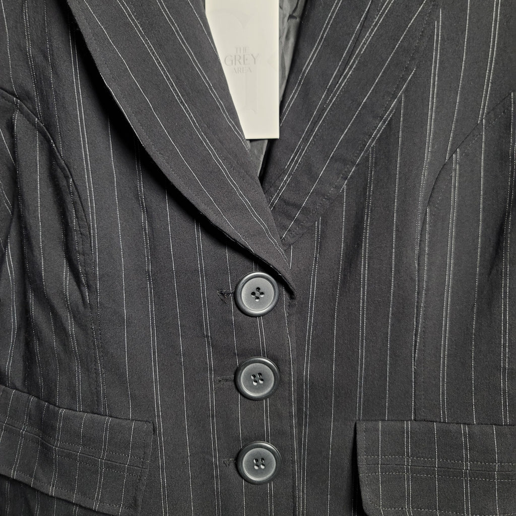 Women's Black pinstriped Robert Louis Blazer Jacket Three Button - THE GREY AREA