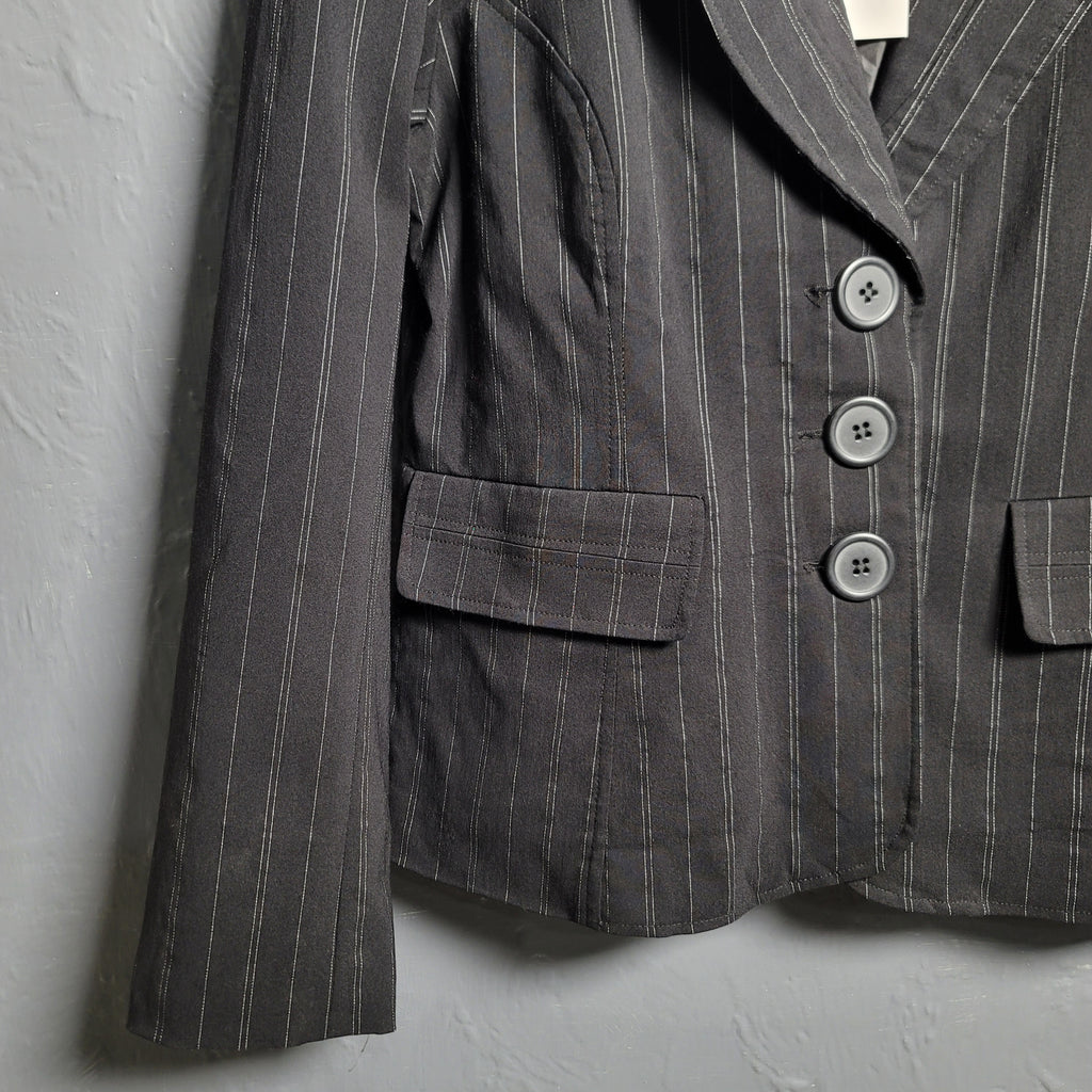 Women's Black pinstriped Robert Louis Blazer Jacket Three Button - THE GREY AREA