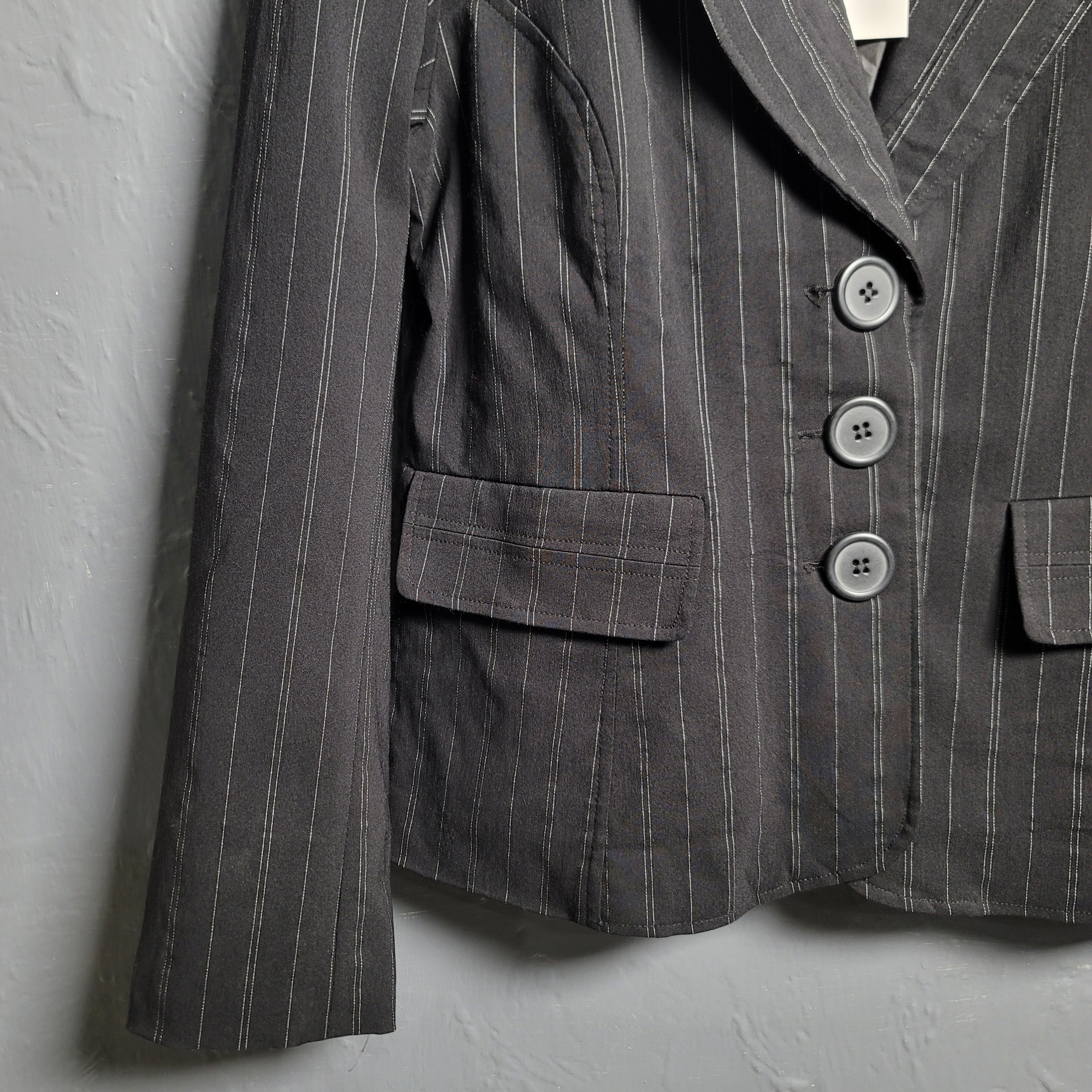 Women's Black pinstriped Robert Louis Blazer Jacket Three Button - THE GREY AREA