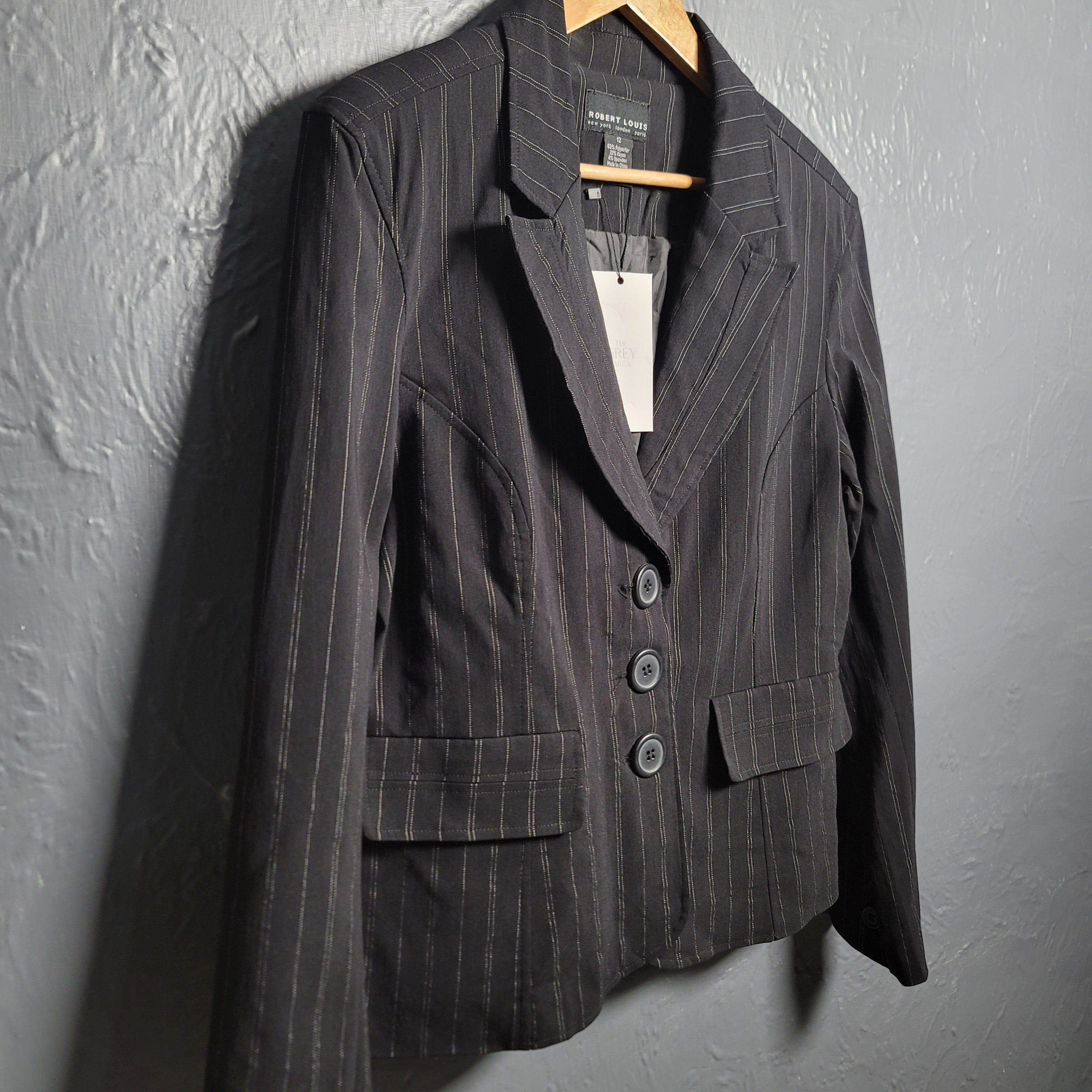 Women's Black pinstriped Robert Louis Blazer Jacket Three Button - THE GREY AREA