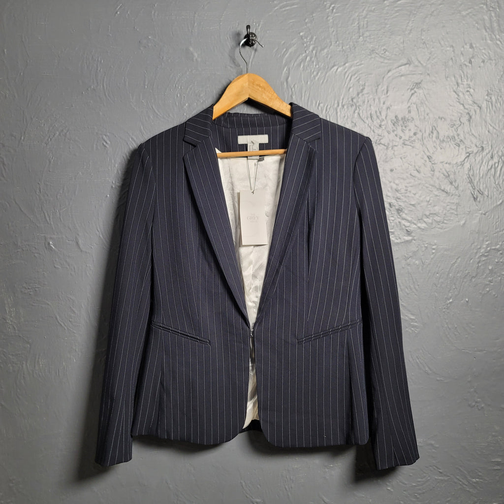 H&M Navy Blue & White Pinstripe Blazer Jacket - THE GREY AREA