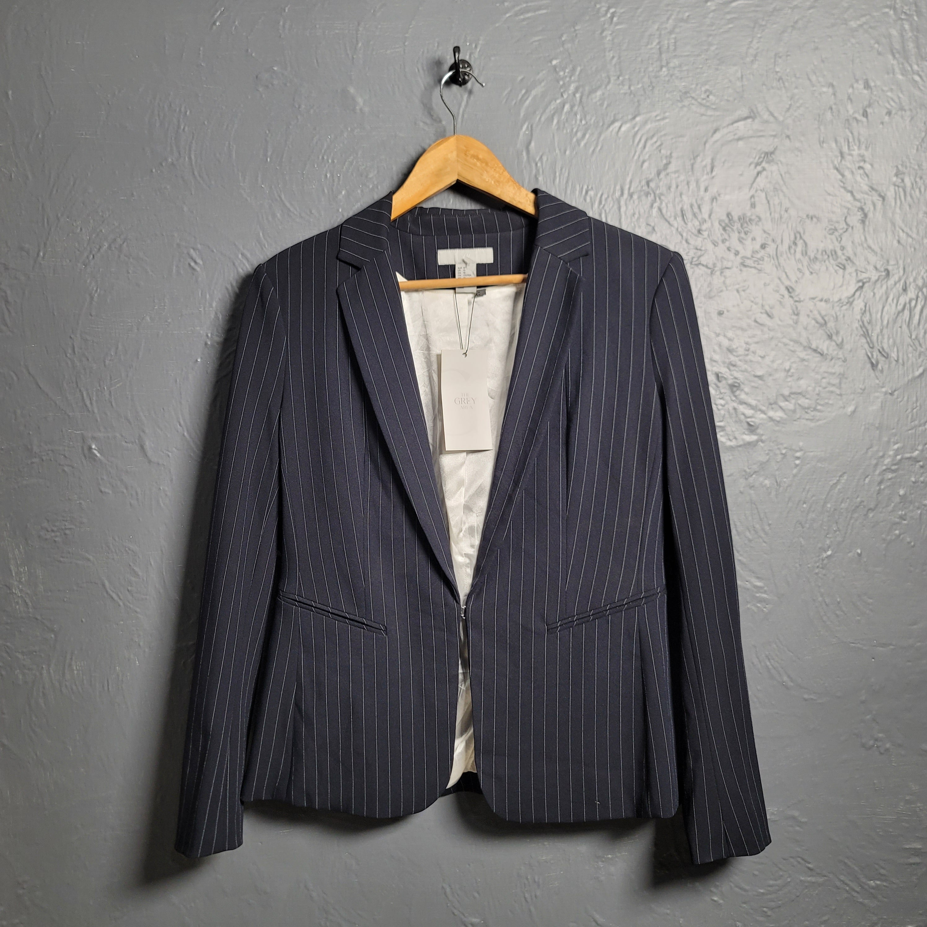 H&M Navy Blue & White Pinstripe Blazer Jacket - THE GREY AREA