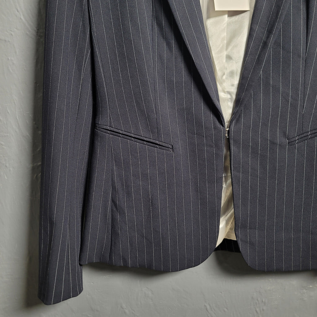 H&M Navy Blue & White Pinstripe Blazer Jacket - THE GREY AREA