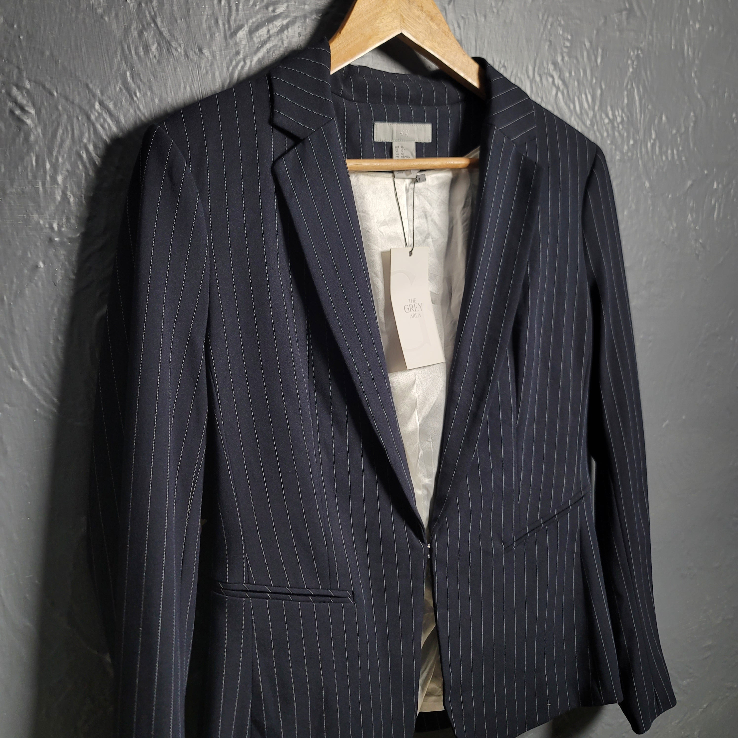H&M Navy Blue & White Pinstripe Blazer Jacket - THE GREY AREA