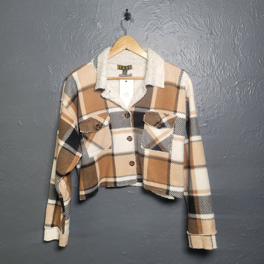 Women's Taxi Sherpa flannel cropped brown,black and white shirt - THE GREY AREA