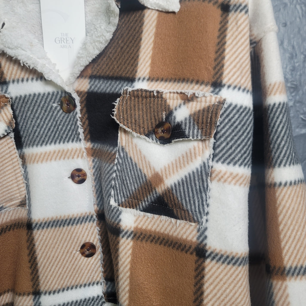 Women's Taxi Sherpa flannel cropped brown,black and white shirt - THE GREY AREA
