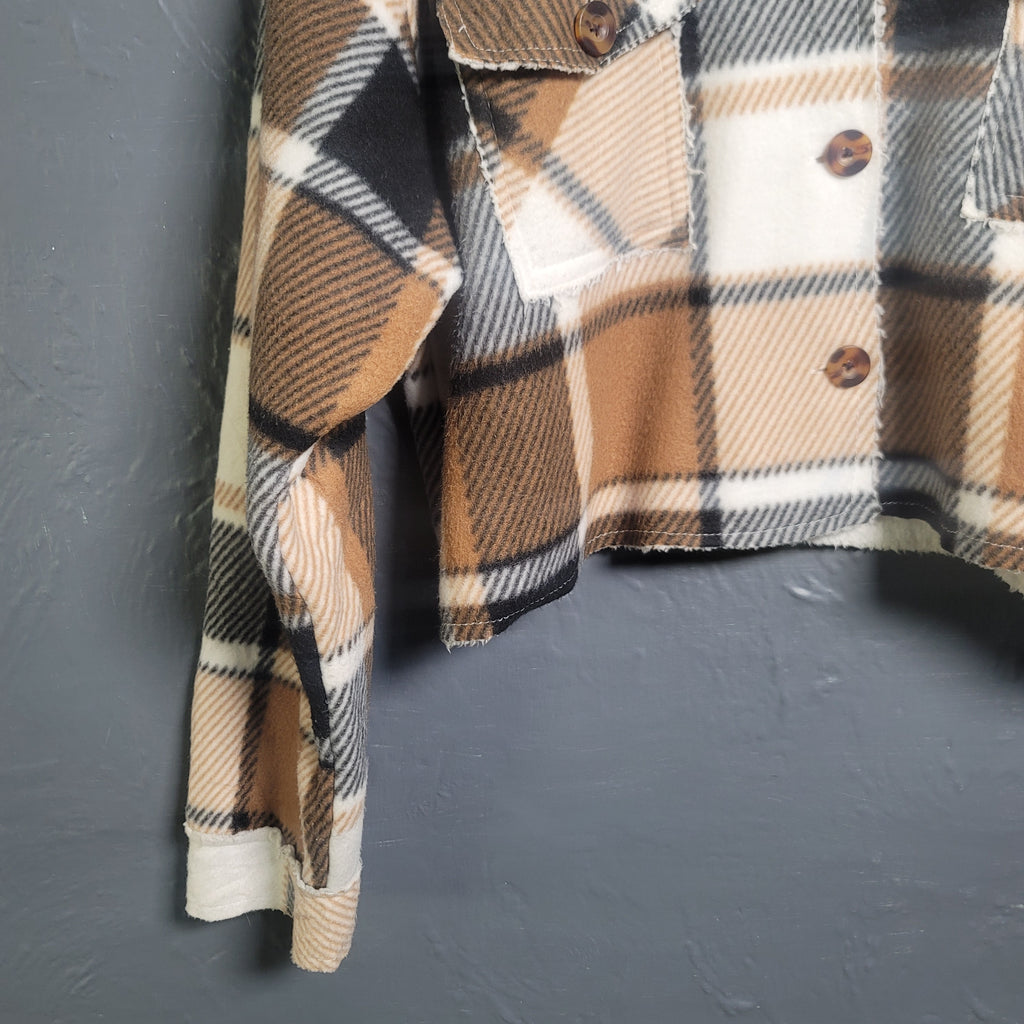 Women's Taxi Sherpa flannel cropped brown,black and white shirt - THE GREY AREA