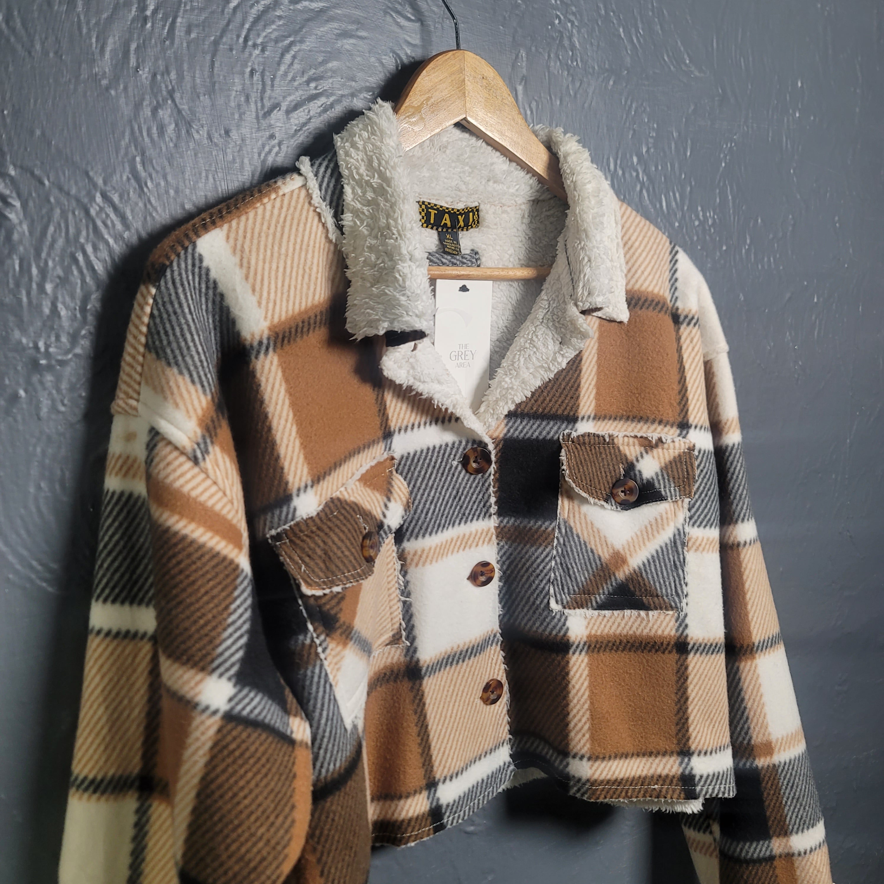 Women's Taxi Sherpa flannel cropped brown,black and white shirt - THE GREY AREA