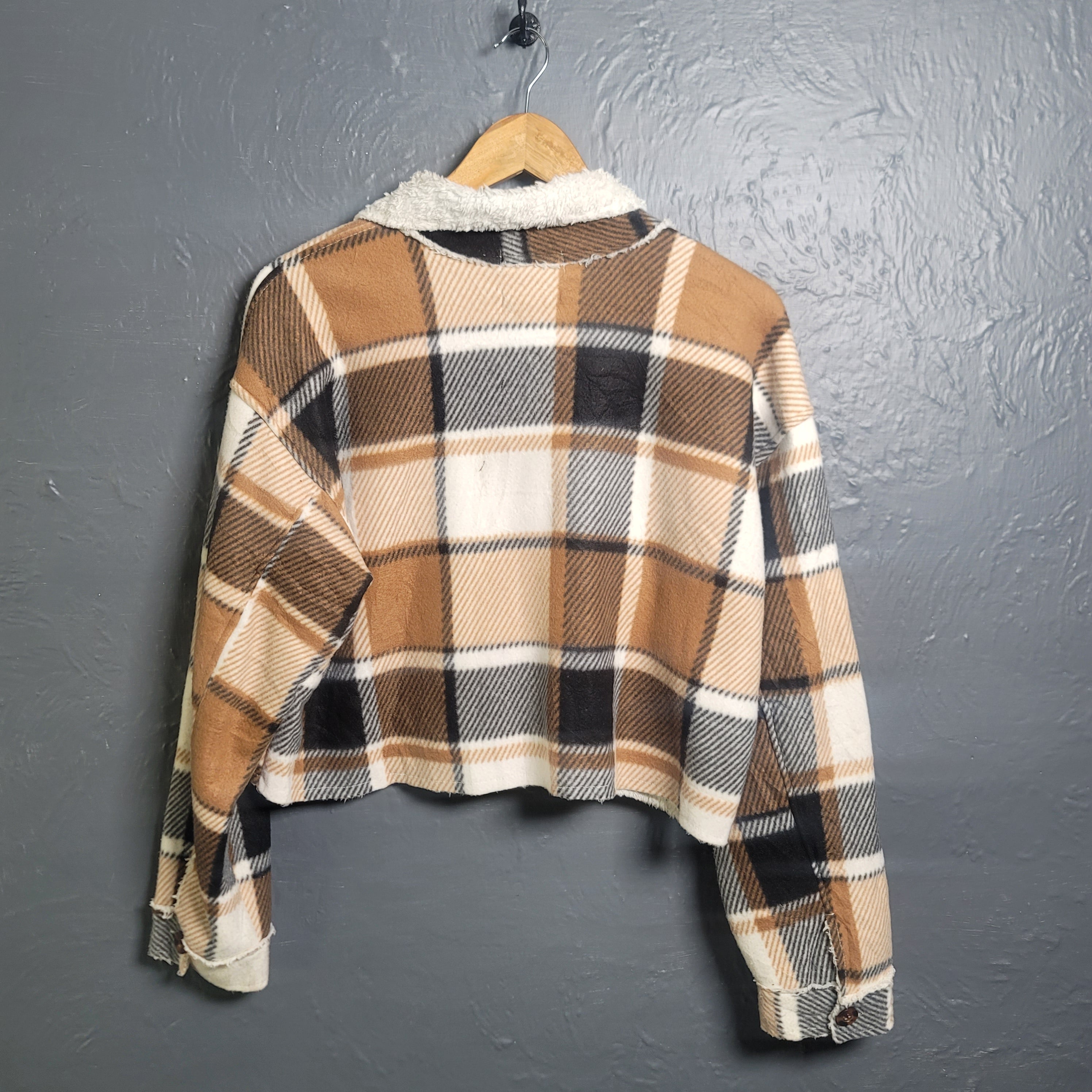 Women's Taxi Sherpa flannel cropped brown,black and white shirt - THE GREY AREA