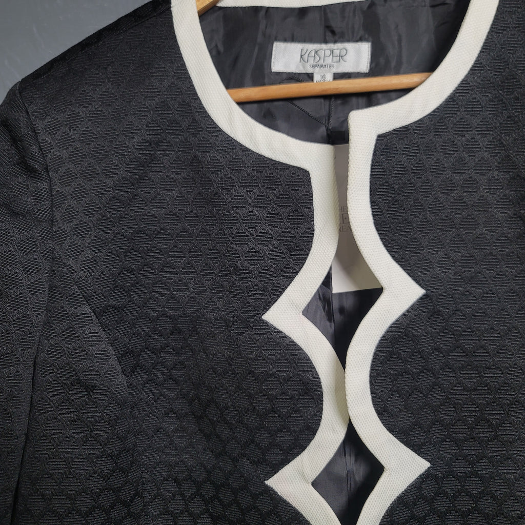 Kasper Separates Jacket Blazer Collarless Open Front with White Trim Lined Pockets - THE GREY AREA