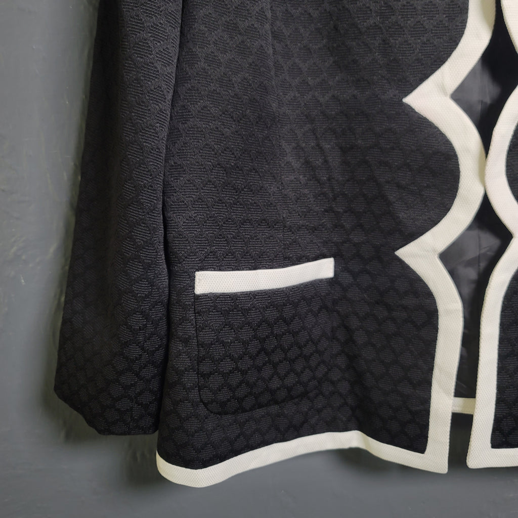 Kasper Separates Jacket Blazer Collarless Open Front with White Trim Lined Pockets - THE GREY AREA