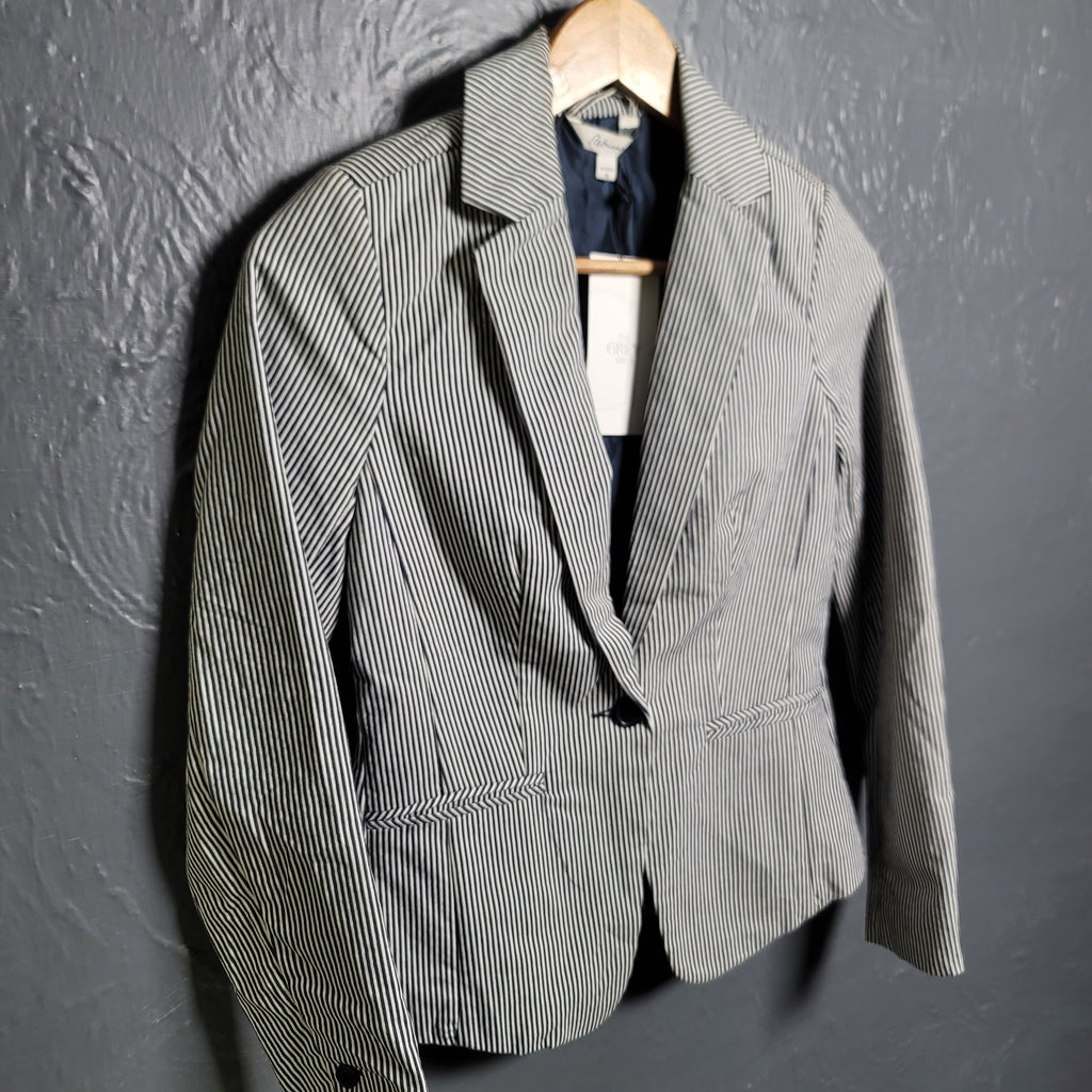 Reitmans Women's Blue Striped Cotton Blend Blazer - THE GREY AREA