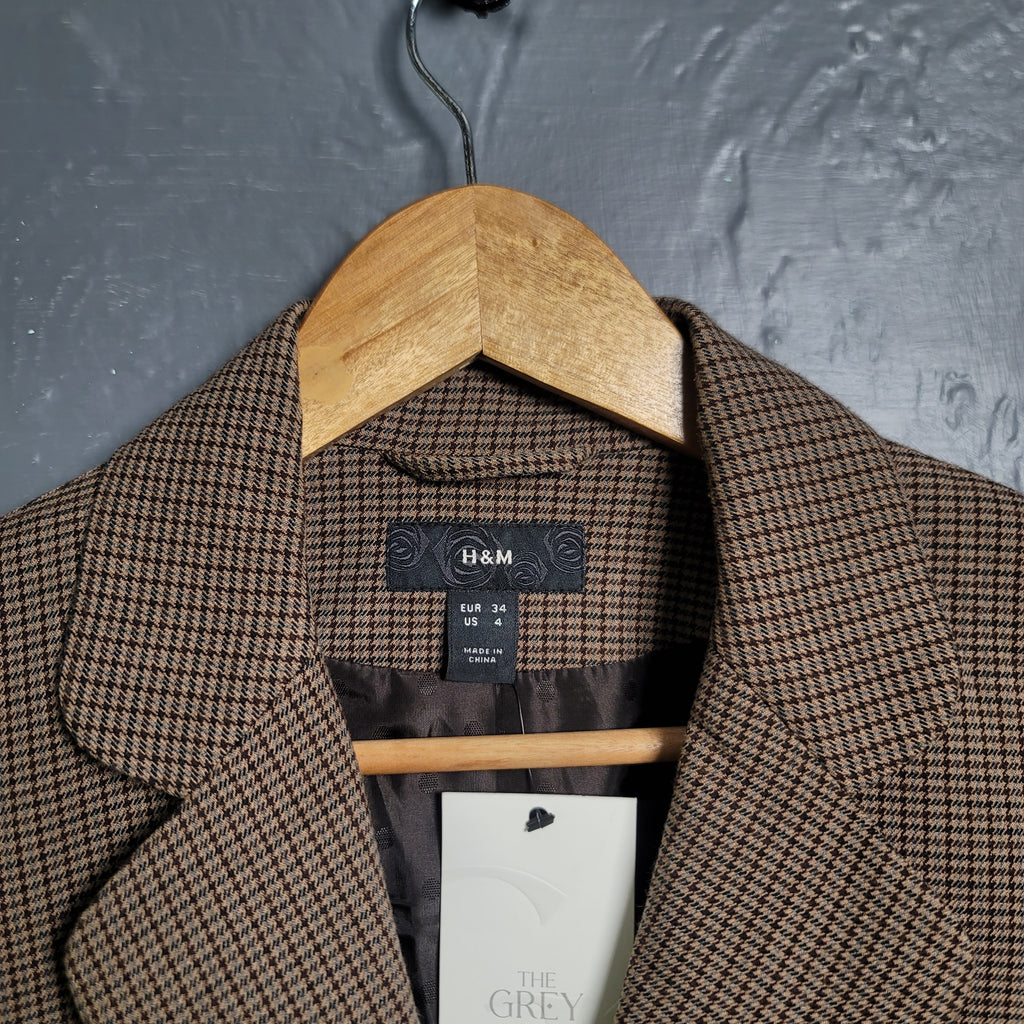 H&M Women's Single-Breasted Brown Checkered Blazer Jacket - THE GREY AREA