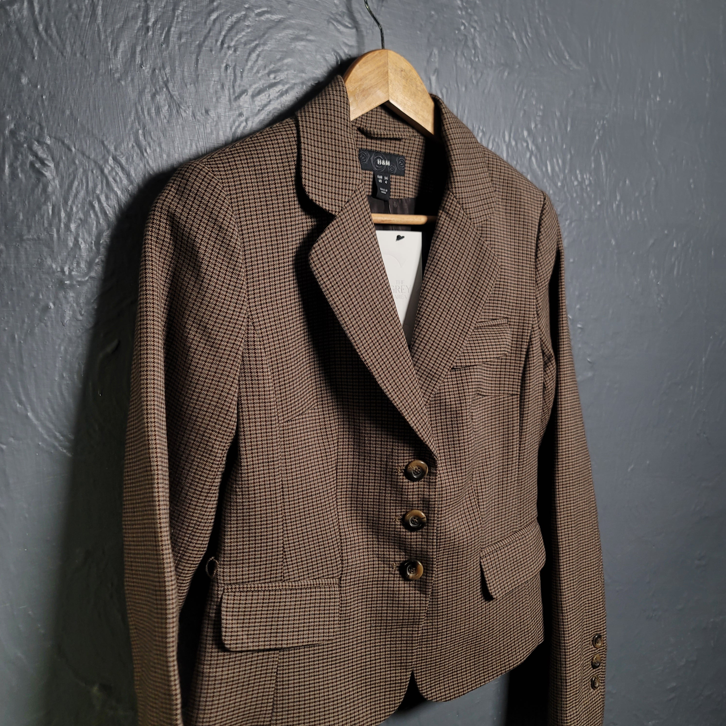 H&M Women's Single-Breasted Brown Checkered Blazer Jacket - THE GREY AREA