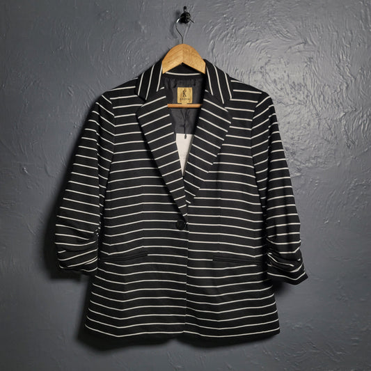 Kasper Women's Black Jacket & Horizontal White Lines with Gathered Sleeves - THE GREY AREA