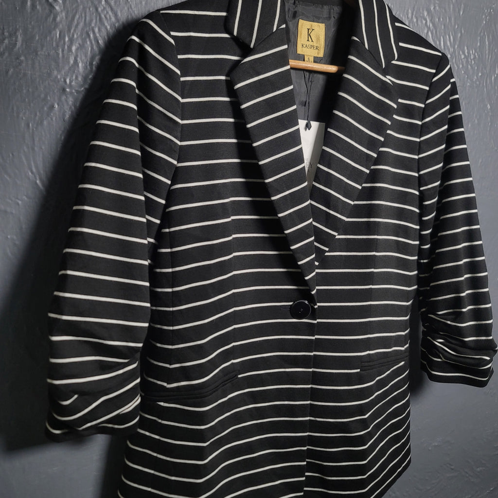 Kasper Women's Black Jacket & Horizontal White Lines with Gathered Sleeves - THE GREY AREA