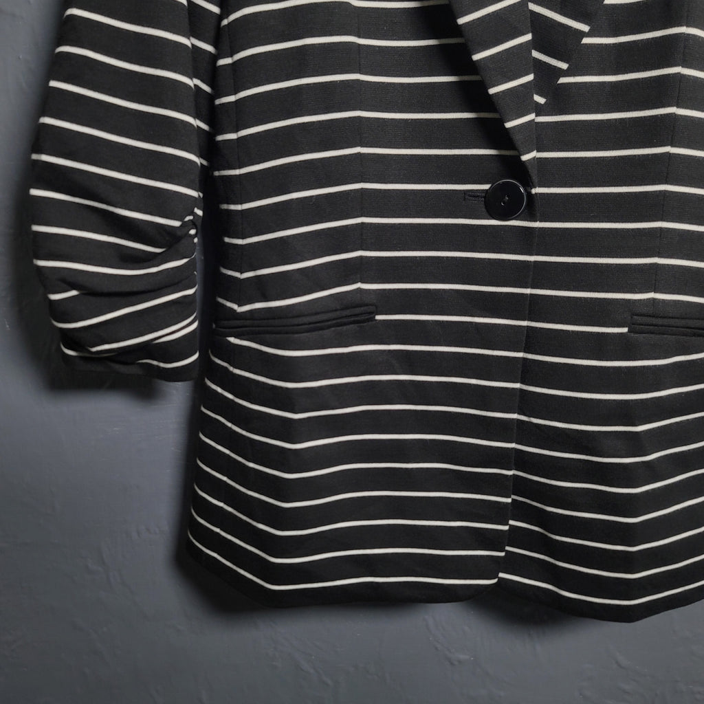 Kasper Women's Black Jacket & Horizontal White Lines with Gathered Sleeves - THE GREY AREA