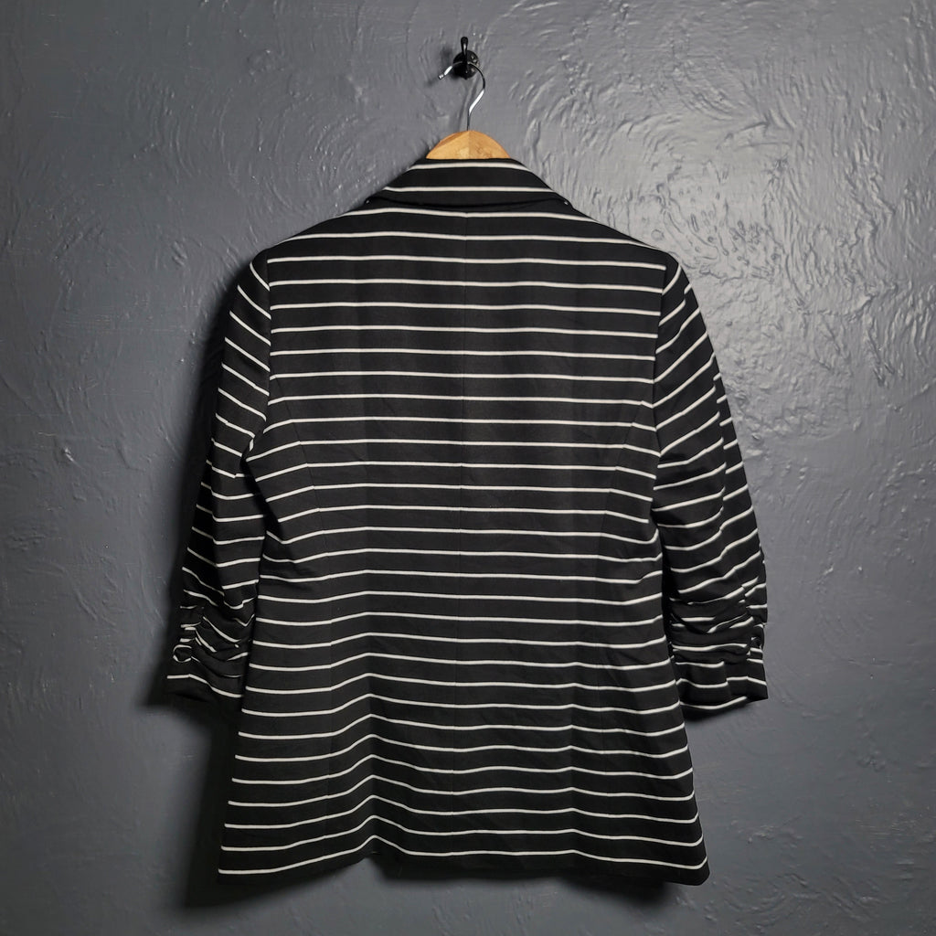 Kasper Women's Black Jacket & Horizontal White Lines with Gathered Sleeves - THE GREY AREA