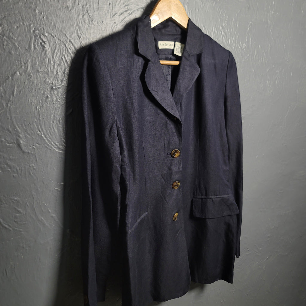 Women's Ann Taylor Notch Lapel Single Breasted Navy Blazer Jacket - THE GREY AREA