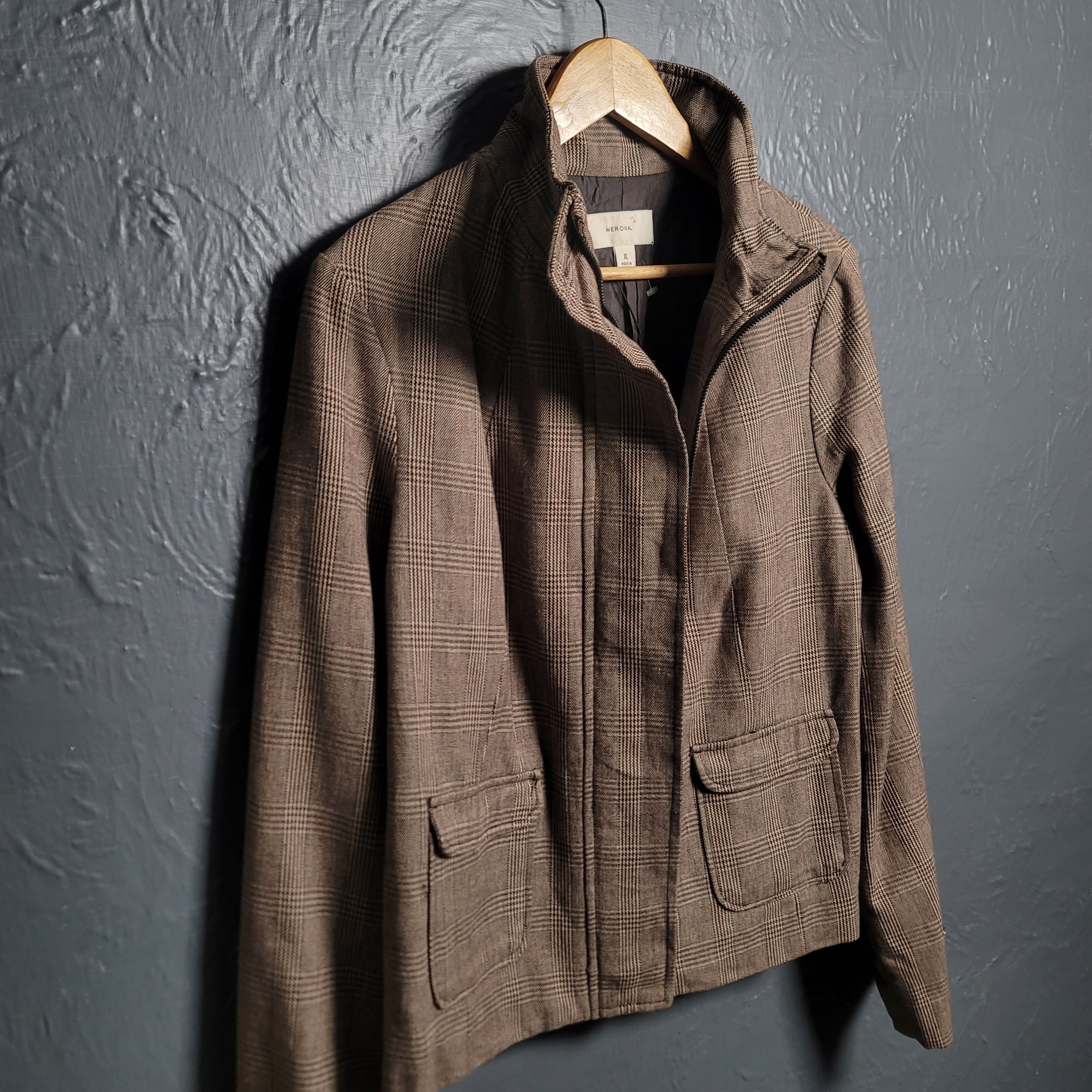 Women's Merona Brown Checks Pattern Jacket Coat - THE GREY AREA