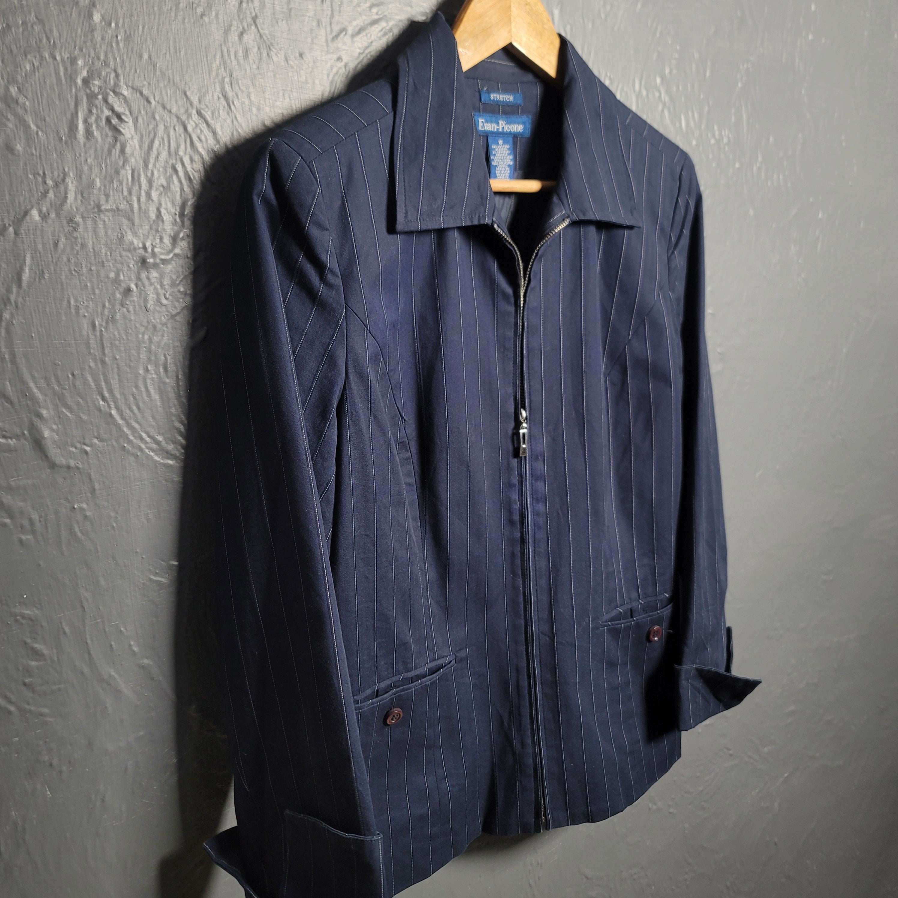 Women's Evan Picone Jacket Blazer Navy Blue with White Pinstripe Stretchable - THE GREY AREA